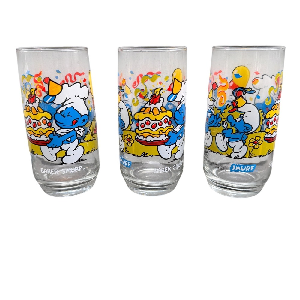 Smurfs Baker Smurf Birthday Glass Tumblers Set of 3 Peyo 80s Retro Vintage 1983